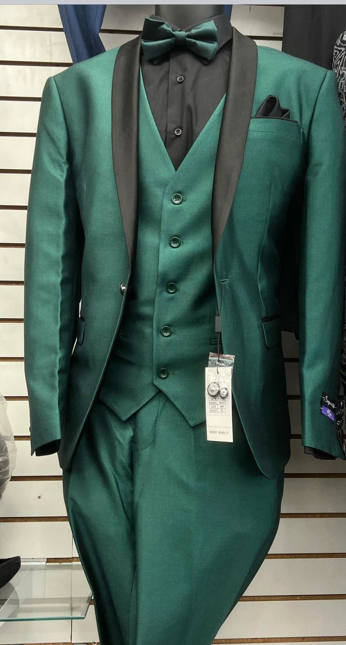Mens Emerald Green Tuxedo with Black Satin Shawl Lapel 3 Piece Formal Suit with Vest-New Designer Collection