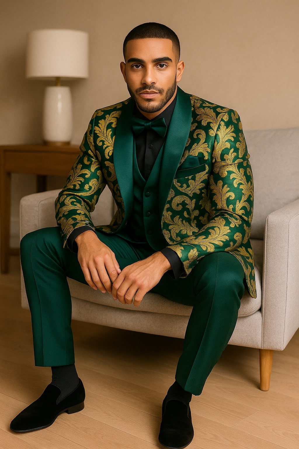 34 Mens Green and Gold Embroidered Tuxedo 3-Piece Prom Suit 34 Mens Green and Gold Embroidered Tuxedo 3-Piece Prom Suit