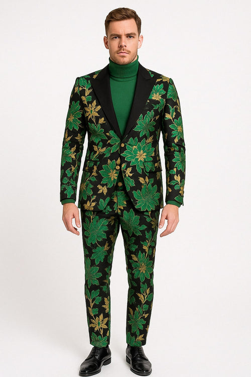 Mens Green and Gold Floral Tuxedo Suit - Luxury 2 Piece Slim Fit Outfit for Weddings, Proms, and Special Events