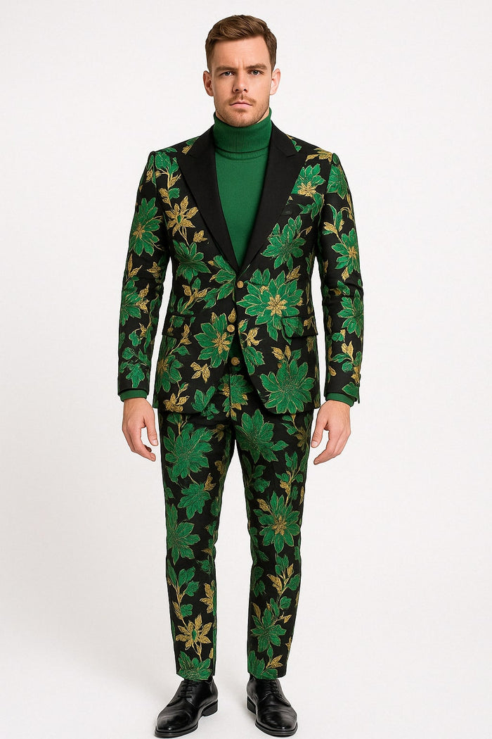 Mens Green and Gold Floral Tuxedo Suit - Luxury 2 Piece Slim Fit Outfit for Weddings, Proms, and Special Events