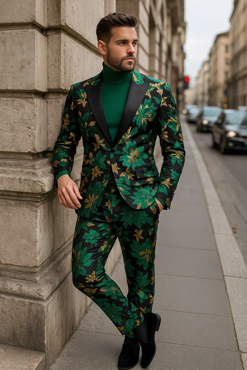 Mens Green and Gold Floral Tuxedo Suit - Luxury 2 Piece Slim Fit Outfit for Weddings, Proms, and Special Events