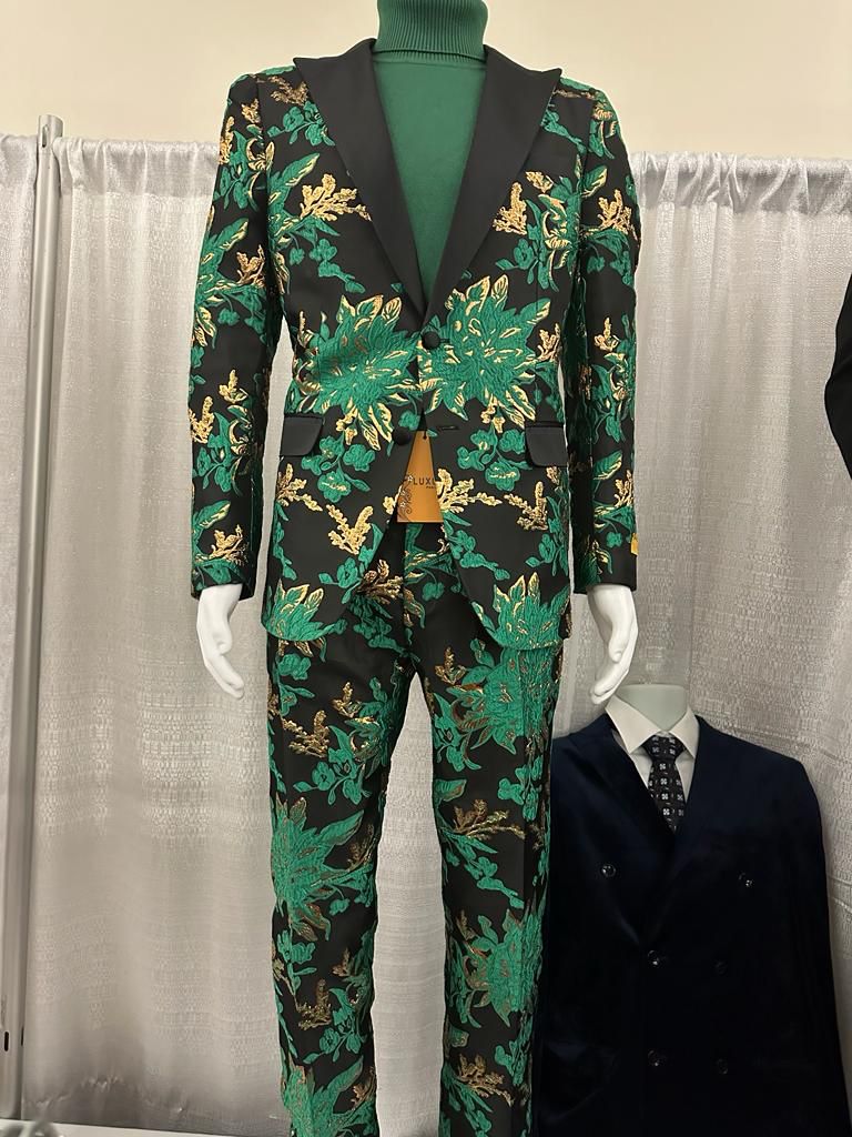 Menâ€™s Green and Gold Floral Tuxedo Suit â€“ Luxury 2 Piece Slim Fit Outfit for Weddings, Proms, and Special Events - 2XL
