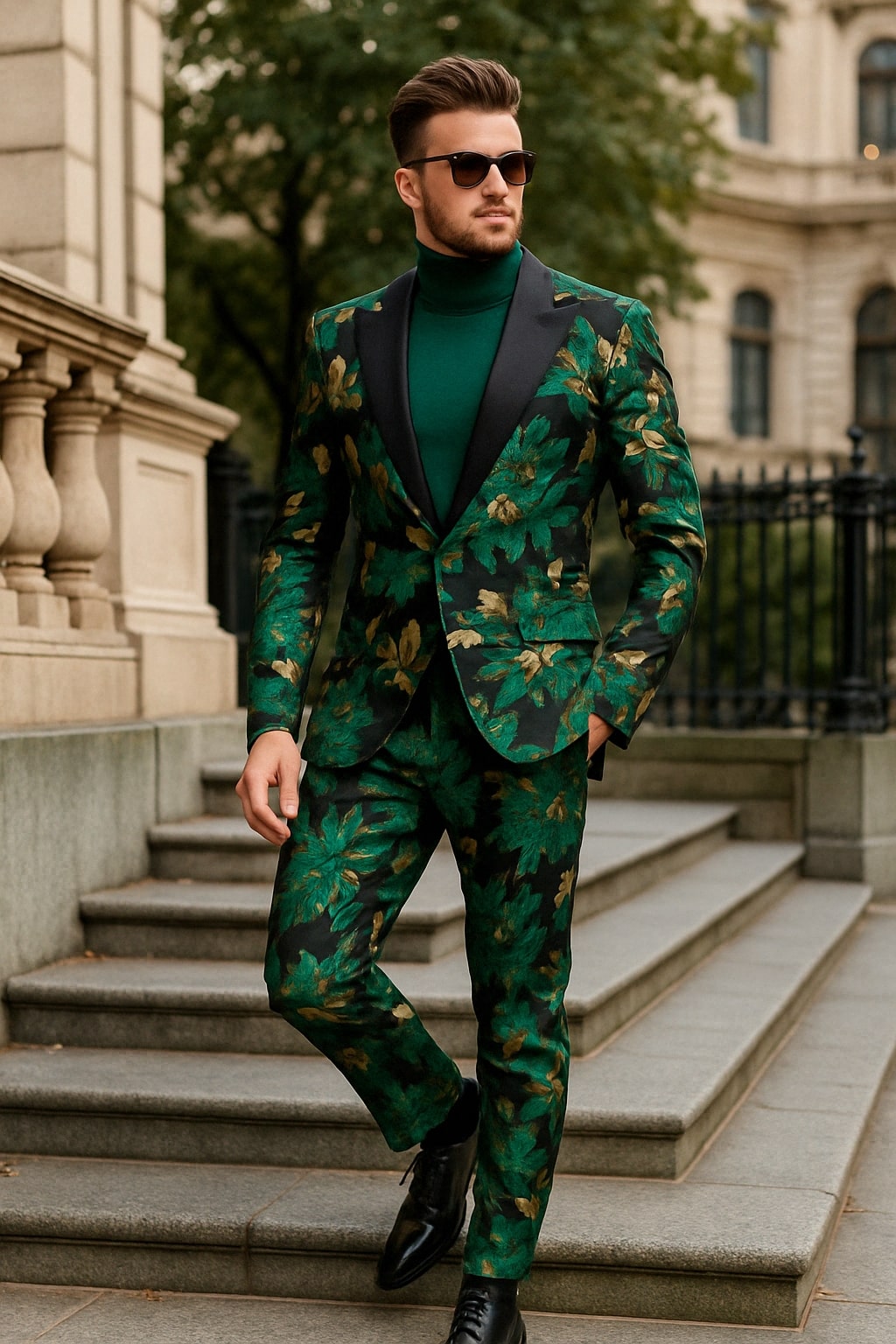 Menâ€™s Green and Gold Floral Tuxedo Suit â€“ Luxury 2 Piece Slim Fit Outfit for Weddings, Proms, and Special Events - 2XL