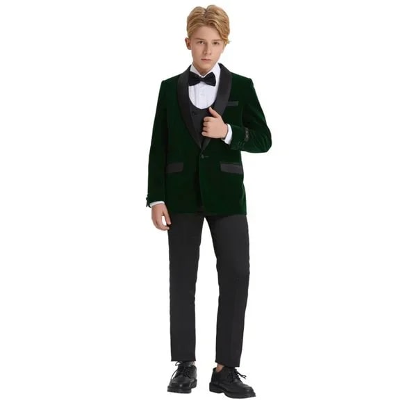 5pc Green Boys Velvet Tuxedo Includes Bowtie Slim Fit by Tazio