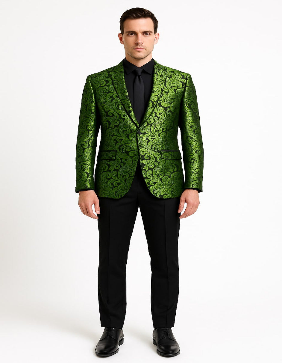 Men's Green Paisley Tuxedo Blazer – Luxury Slim Fit Dinner Jacket for Formal Events - 36 Short