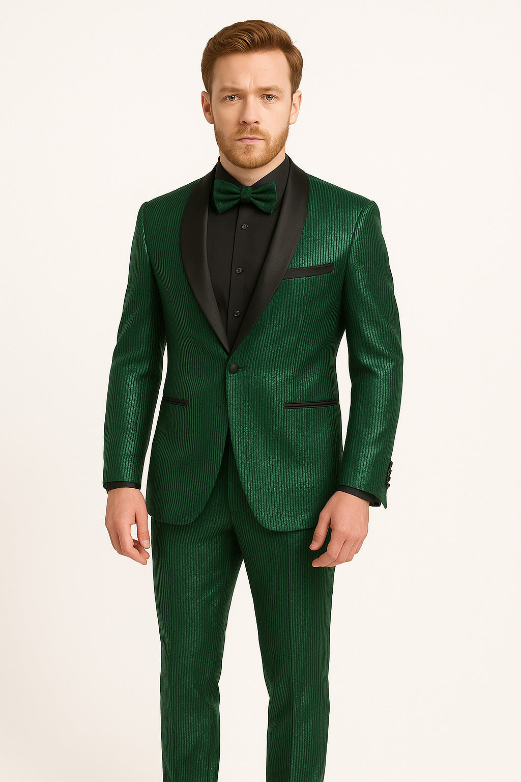 34 Men's Emerald Green Shiny Tuxedo with Black Satin Lapel and Matching Bow  Tie â€“ Ultra Slim Fit