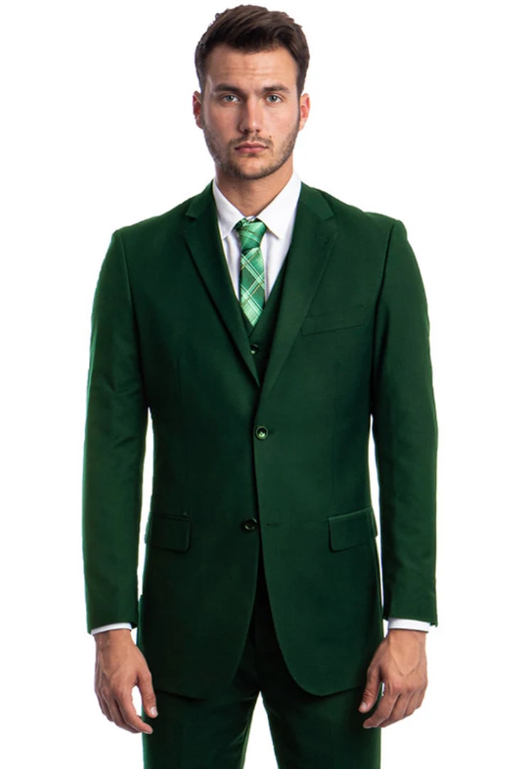 Cheap Suit - Men's Vested Two Button Solid Color Wedding & Business Green Suit