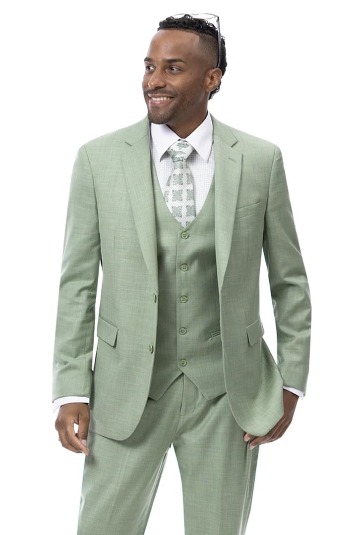 Cheap priced Suit - Mens Modern Fit Two Button Vested Sharkskin Business Green Suit - 38 Short Jacket+32 Waist Adjustable 28to34)(Height: 5 4 to5 7 )(Neck  15-16.5)S-M)