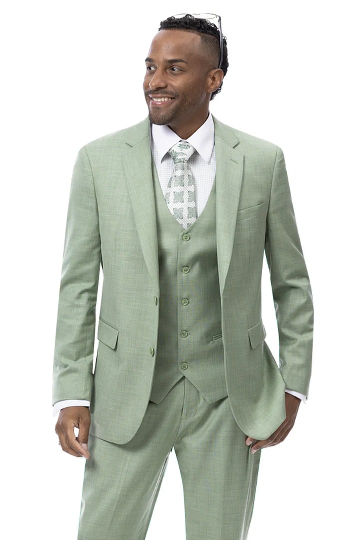 Cheap Suit - Mens Modern Fit Two Button Vested Sharkskin Business Green Suit