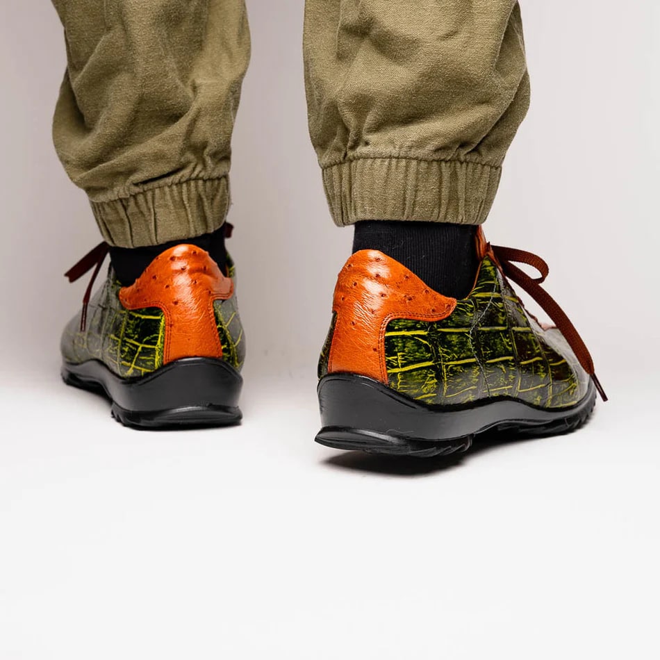 Marco Di Milano Saulo Men's Shoes Green & Cognac Exotic Ostich / Alligator Casual Sneakers - 8