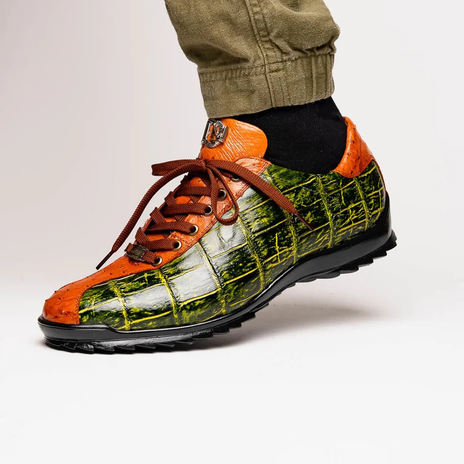 Marco Di Milano Saulo Men's Shoes Green & Cognac Exotic Ostich / Alligator Casual Sneakers - 8
