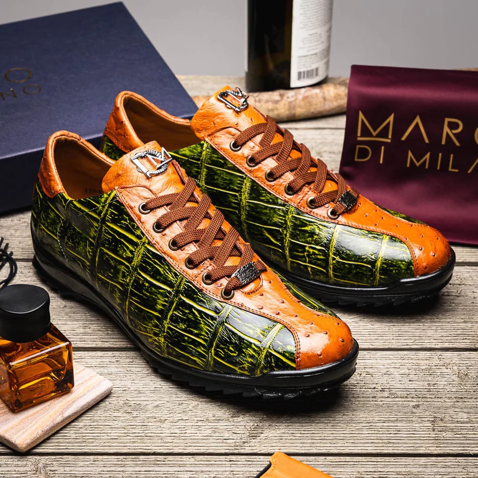 Marco Di Milano Saulo Men's Shoes Green & Cognac Exotic Ostich / Alligator Casual Sneakers - 8