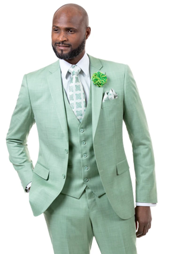 Cheap Suit - Mens Two Button Vested Sharkskin Weave Business Green Suit