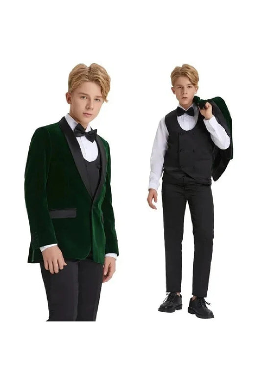 5pc Green Boys Velvet Tuxedo Includes Bowtie Slim Fit by Tazio