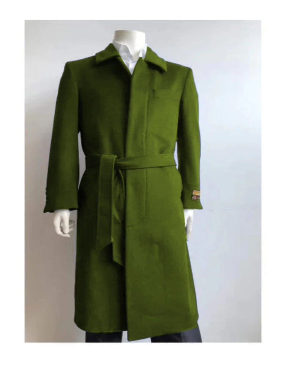 Mens Solid Olive Green 100% Wool Gabardine Belted Duster Overcoat - Coat Size 38