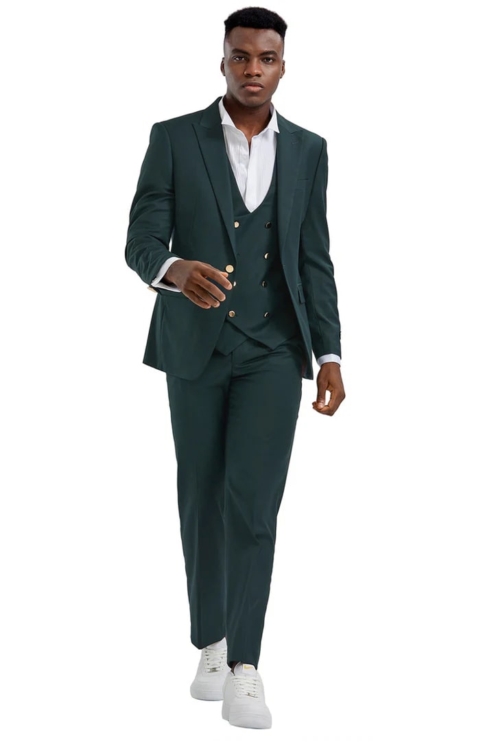 Cheap priced Suit- Men's One Button Peak Lapel Vested Green Suit With Gold Buttons - 38 Short Jacket+32 Waist Adjustable 28to34)(Height: 5 4 to5 7 )(Neck  15-16.5)S-M)