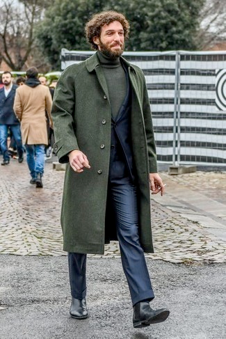 Men’s Olive Green Wool Overcoat Outfit – Winter Business Casual Style - Coat Size 28