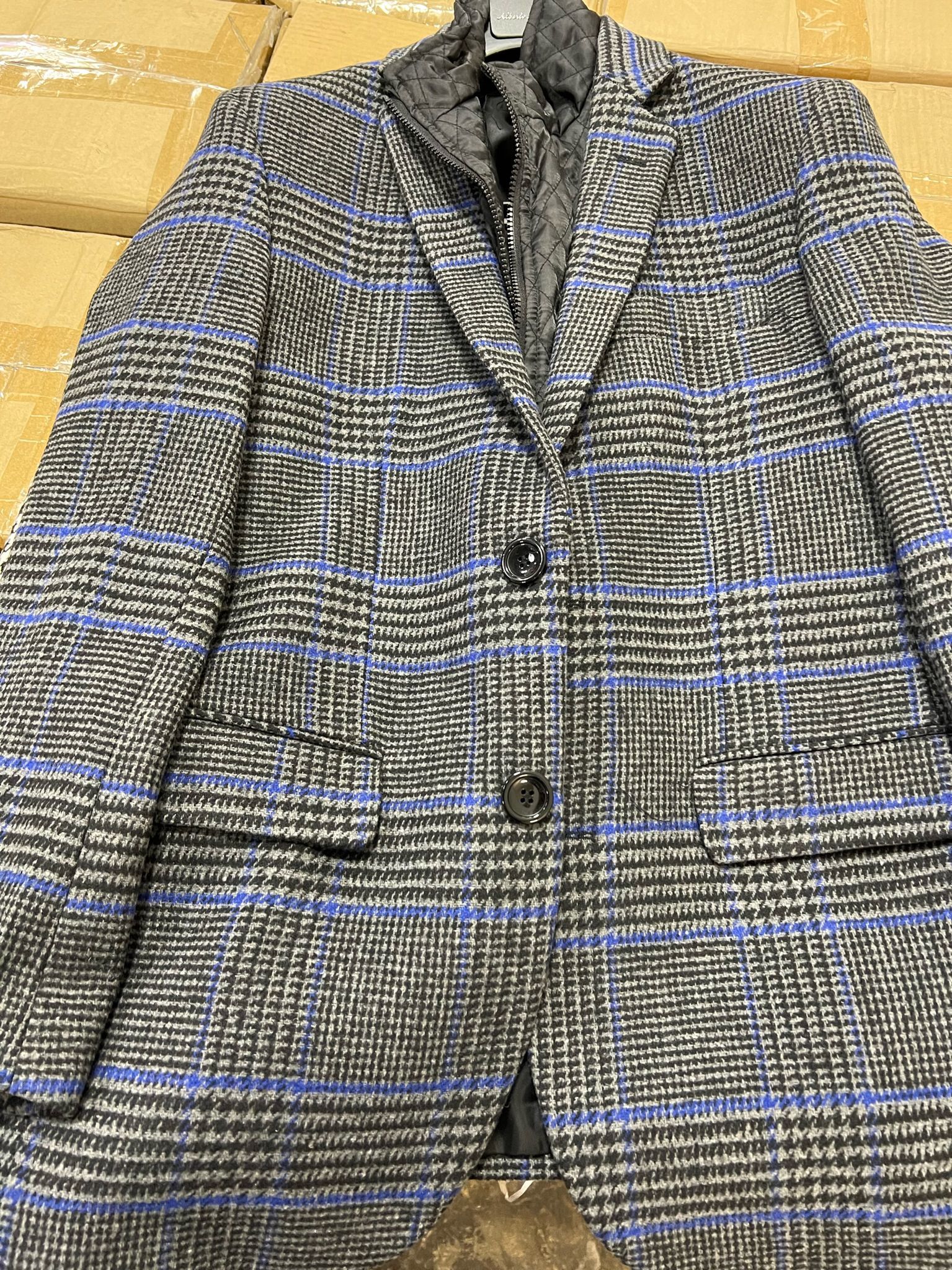 Mens Grey and Blue Glen Check Wool Blazer with Quilted Inner Layer - 36 Short