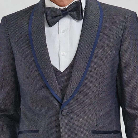 New Tazio Birdseye Textured Grey Tuxedo | Shawl Collar Satin Trim 3-Piece