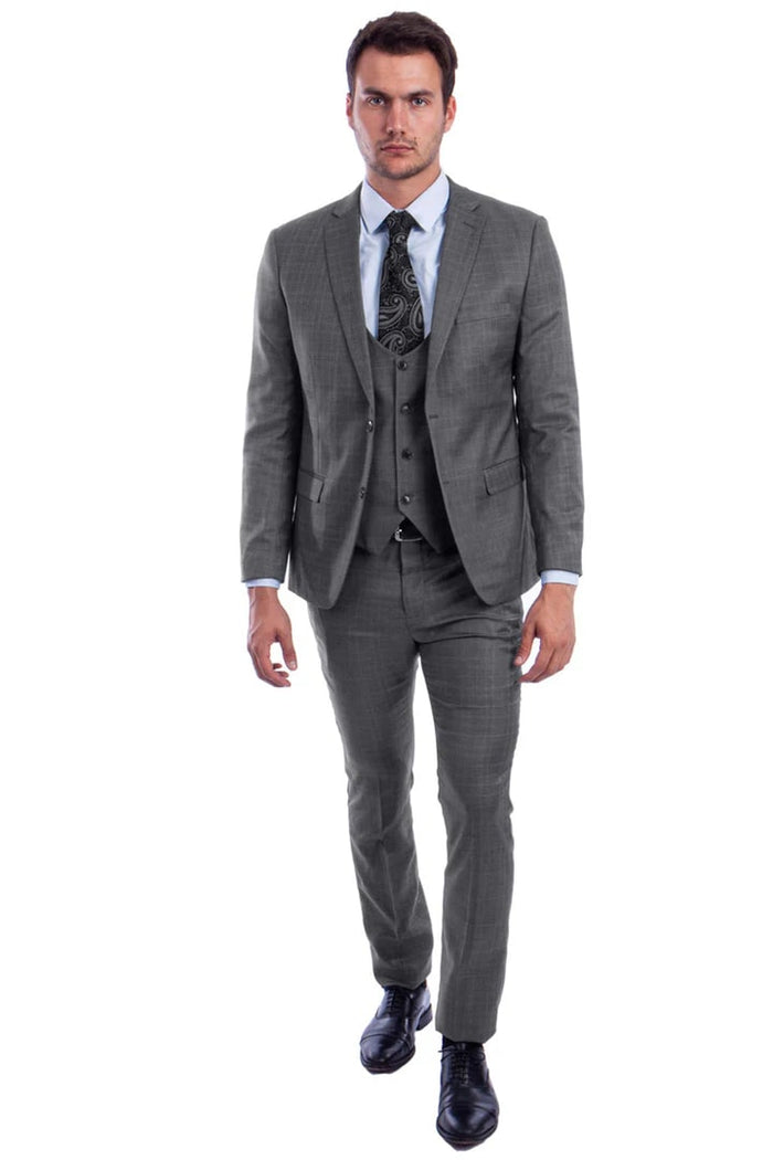 Cheap priced Suit;- Men's Two Button Vested Skinny Fit Suit With Low Cut Vest In Grey Plaid