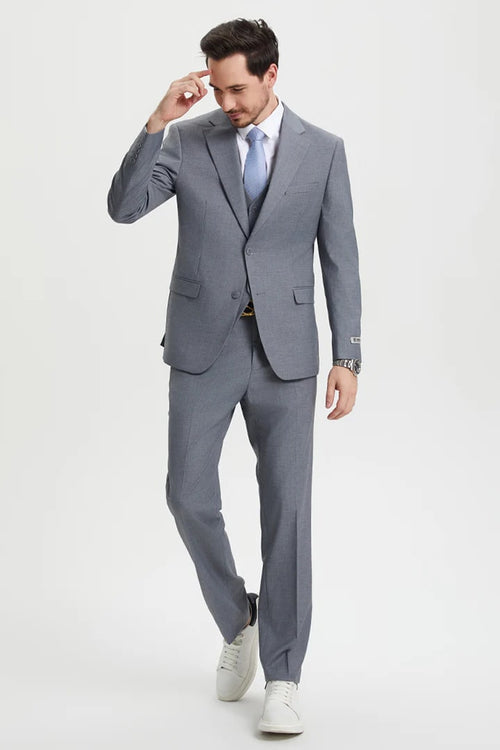 Cheap Priced Suit - Men's Two Button Vested Stacy Adams Basic Designer Sharkskin Grey Suit