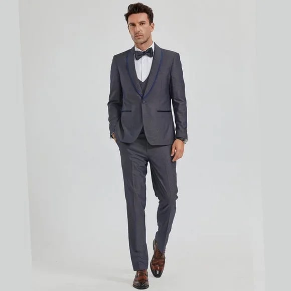 New Tazio Birdseye Textured Grey Tuxedo | Shawl Collar Satin Trim 3-Piece - 38 Short Jacket+32 Waist Adjustable 28to34)(Height: 5 4 to5 7 )(Neck  15-16.5)S-M)