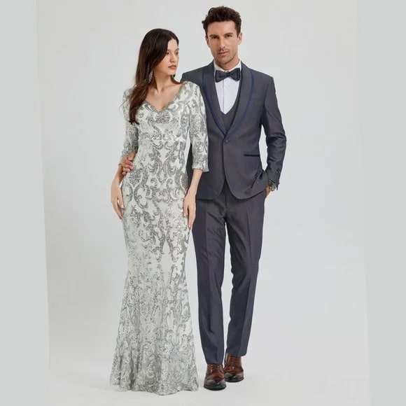 New Tazio Birdseye Textured Grey Tuxedo | Shawl Collar Satin Trim 3-Piece - 38 Short Jacket+32 Waist Adjustable 28to34)(Height: 5 4 to5 7 )(Neck  15-16.5)S-M)