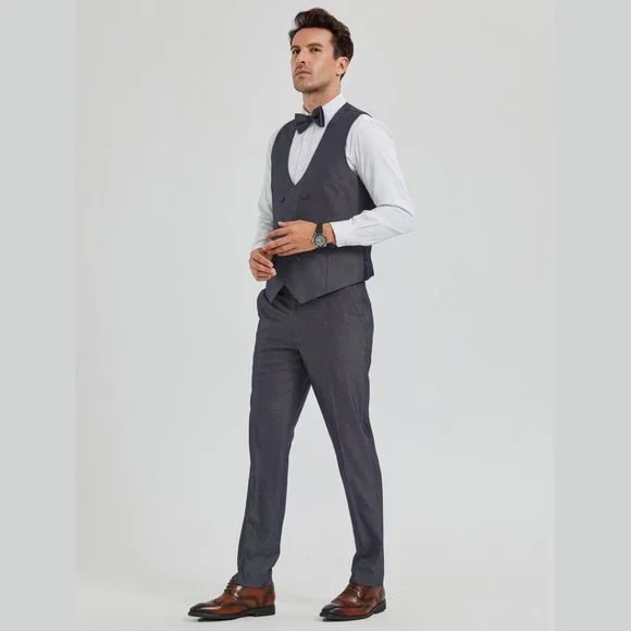 New Tazio Birdseye Textured Grey Tuxedo | Shawl Collar Satin Trim 3-Piece - 38 Short Jacket+32 Waist Adjustable 28to34)(Height: 5 4 to5 7 )(Neck  15-16.5)S-M)