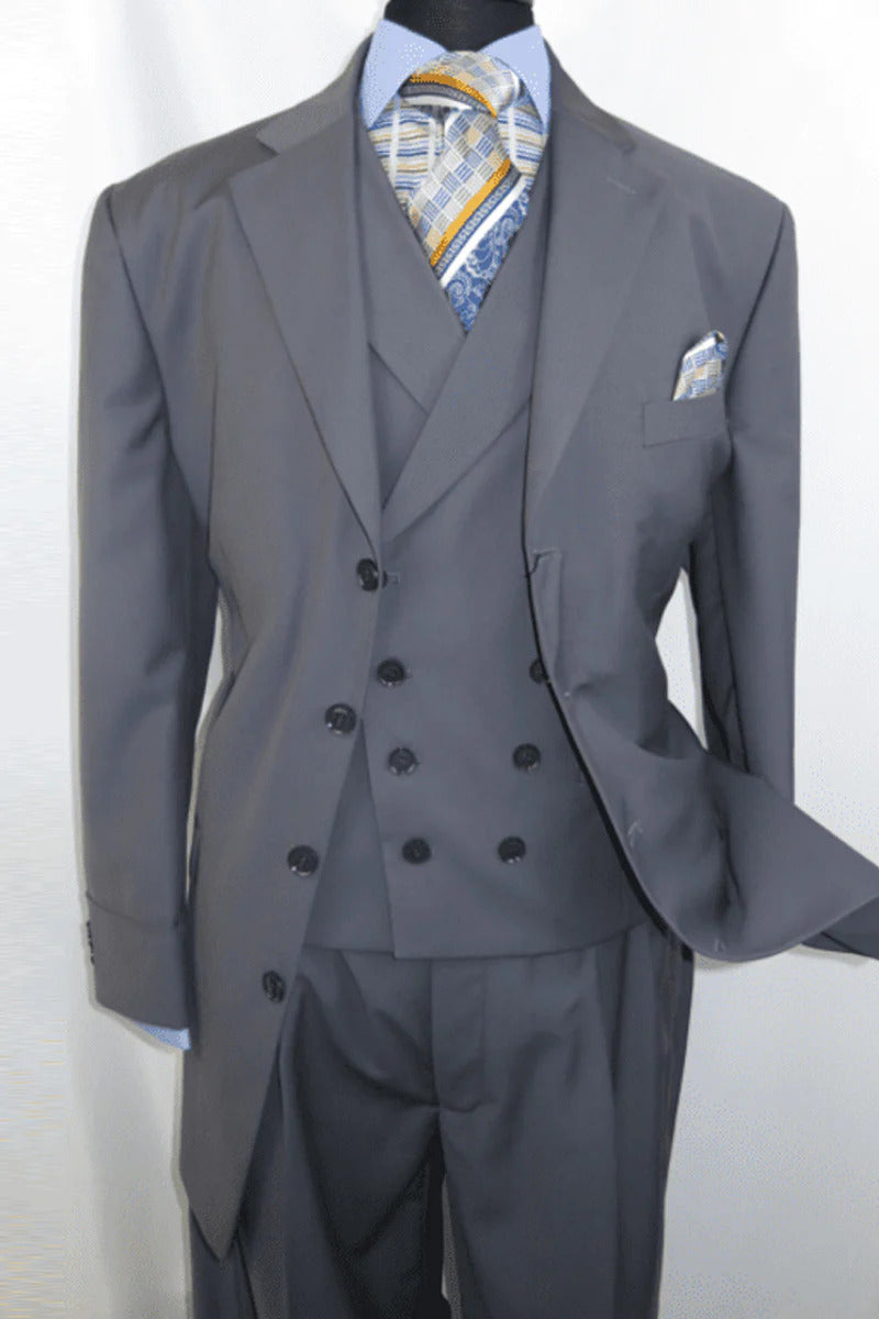 Mens 4 Button Double Breasted Vest Suit in Grey - 38 Short Jacket+32 Waist Adjustable 28to34)(Height: 5 4 to5 7 )(Neck  15-16.5)S-M)