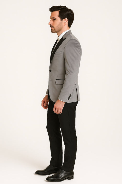 Men's Grey Velvet Tuxedo Jacket with Black Satin Lapel Suit â€“ Mens Blazer + Black Pants