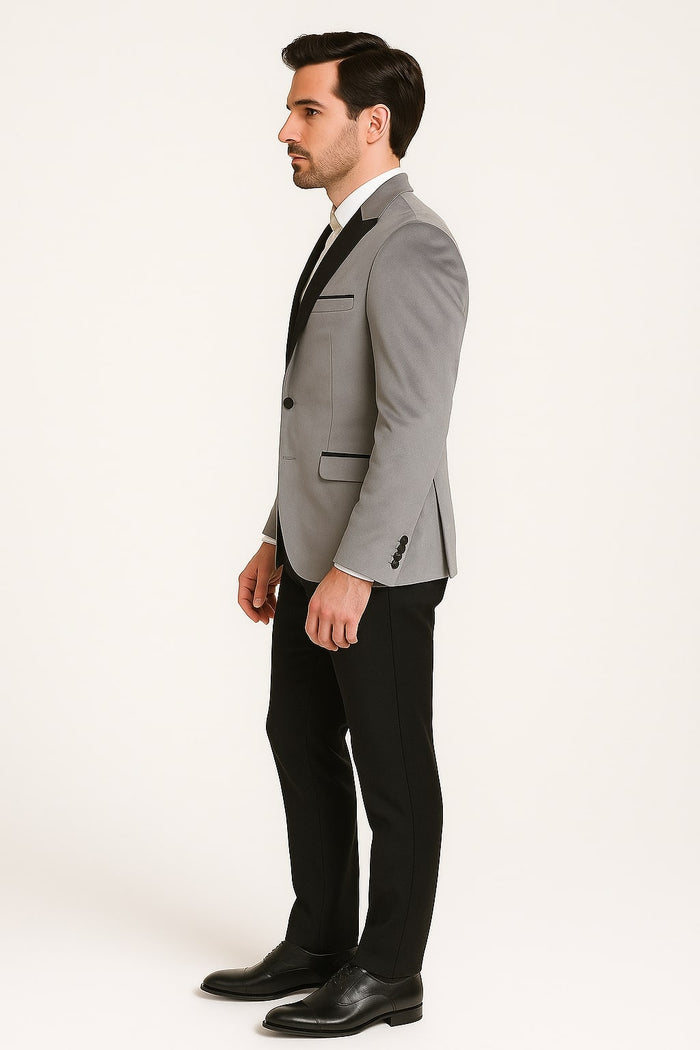 Men's Grey Velvet Tuxedo Jacket with Black Satin Lapel Suit â€“ Mens Blazer + Black Pants