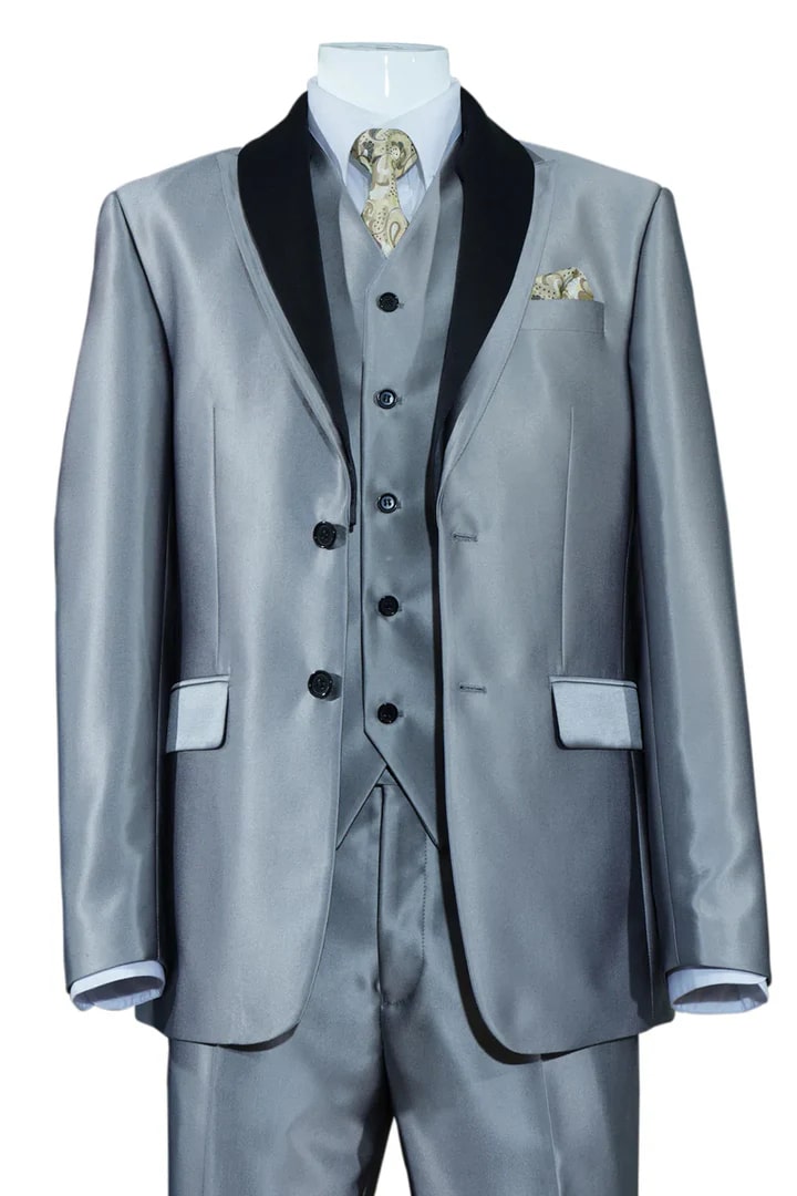 Cheap Suit - Mens 2 Button Vested Slim Fit Shiny Sharkskin Tuxedo Grey Suit