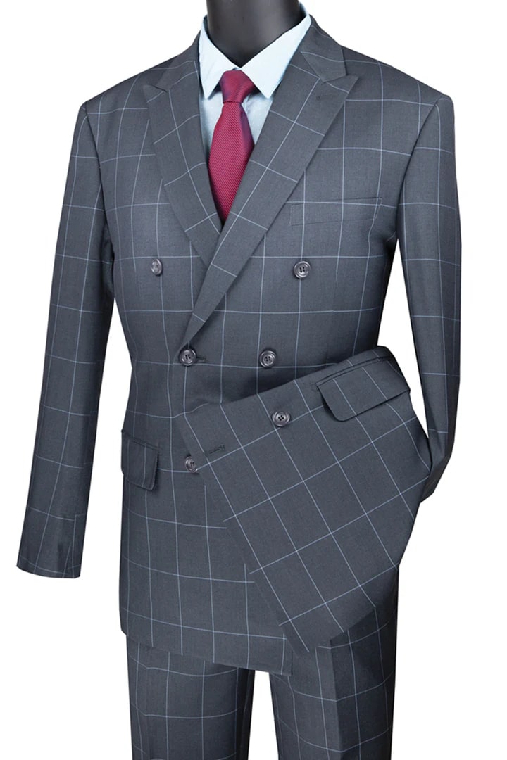 Cheap priced Suit - Mens Double Breasted Bold Windowpane Plaid Grey Suit - 38 Short Jacket+32 Waist Adjustable 28to34)(Height: 5 4 to5 7 )(Neck  15-16.5)S-M)