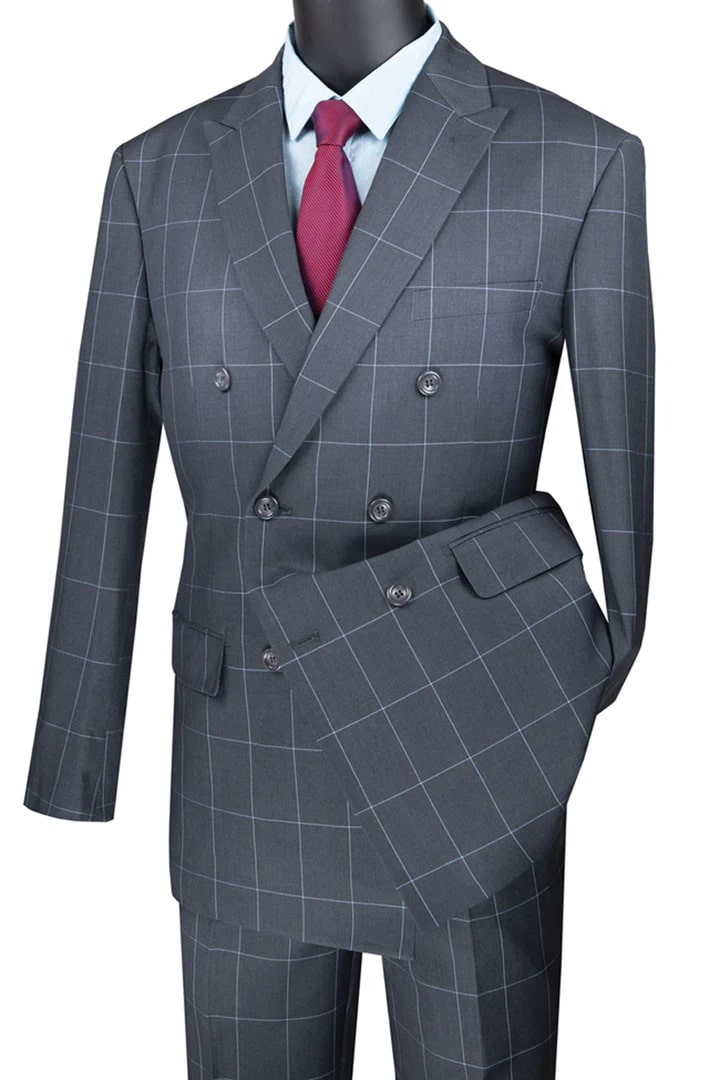 Cheap Suit - Mens Double Breasted Bold Windowpane Plaid Grey Suit