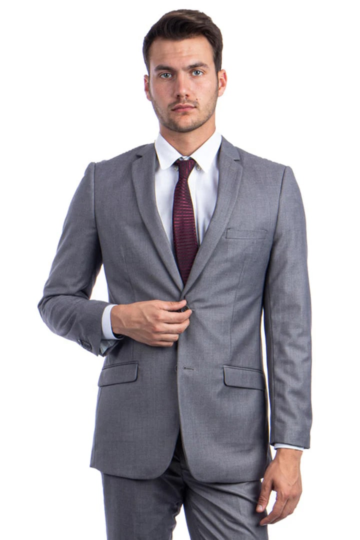 Cheap Suit - Men's Two Button Basic Hybrid Fit Vested Grey Suit