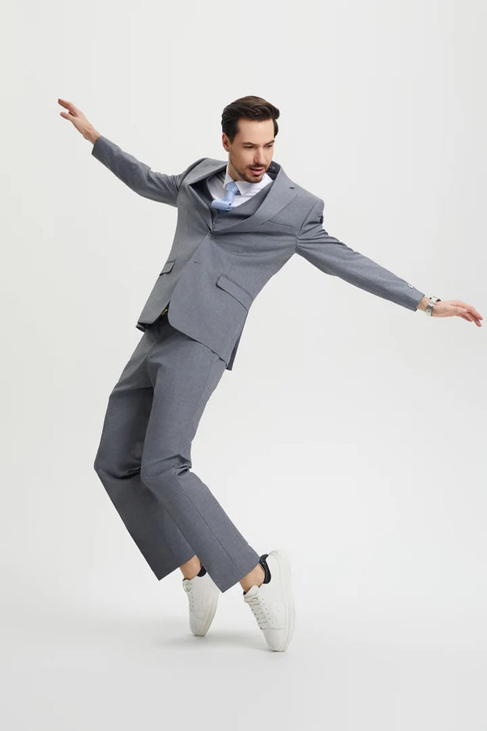 Cheap Priced Suit - Men's Two Button Vested Stacy Adams Basic Designer Sharkskin Grey Suit