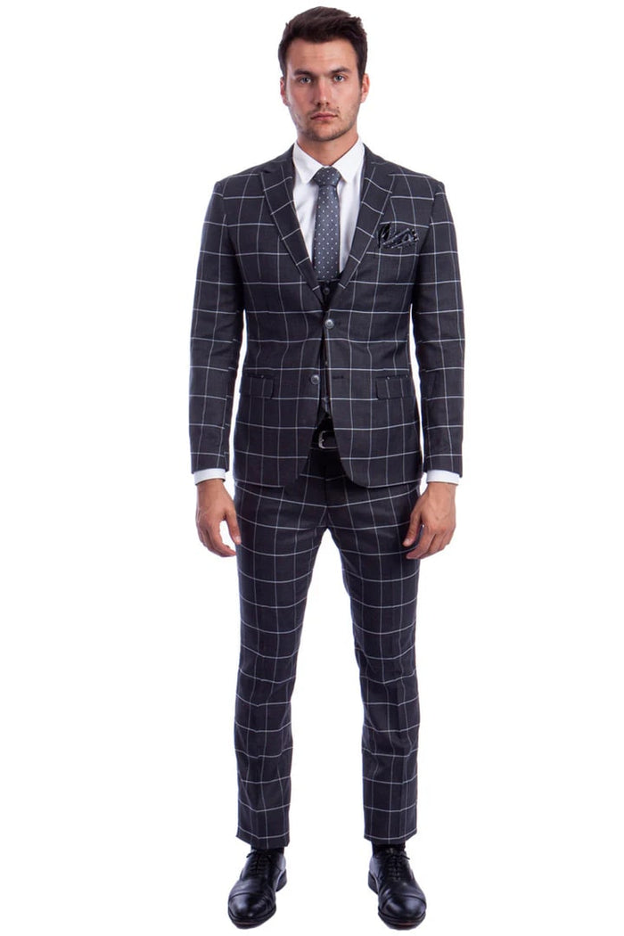 Cheap priced Suit- Men's Two Button Vested Slim Fit Suit In Bold Grey & White Windowpane Plaid