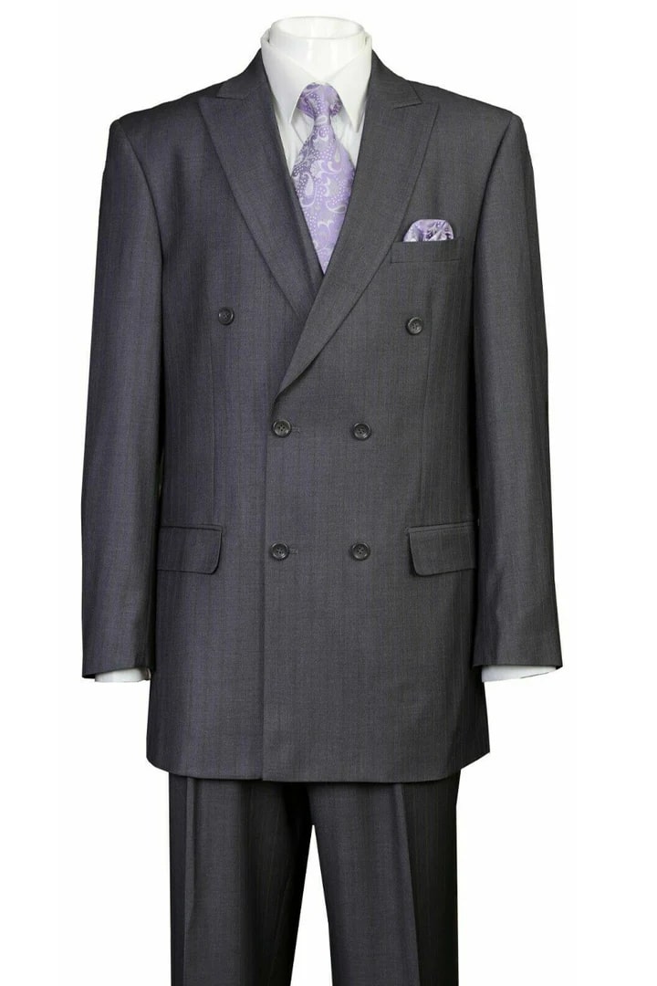 Cheap Priced Suit- Mens Classic Double Breasted Peak Lapel Suit In Grey Pinstripe - 38 Short Jacket+32 Waist Adjustable 28to34)(Height: 5 4 to5 7 )(Neck  15-16.5)S-M)