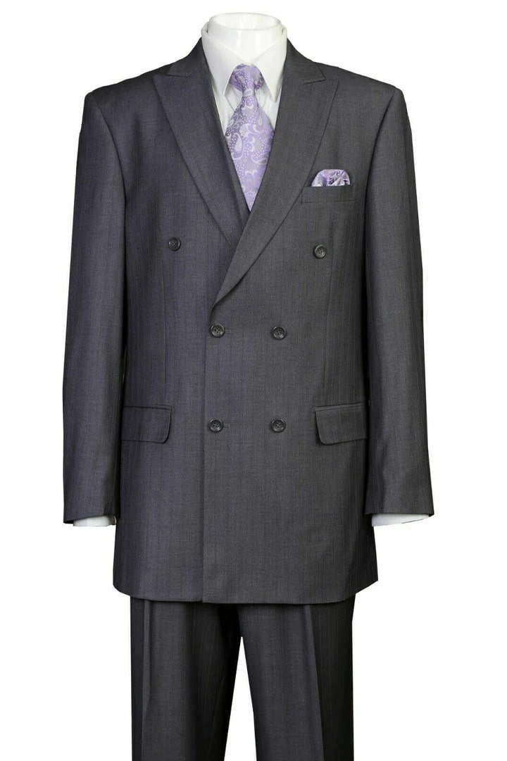 Cheap Suit - Mens Classic Double Breasted Peak Lapel Suit In Grey Pinstripe