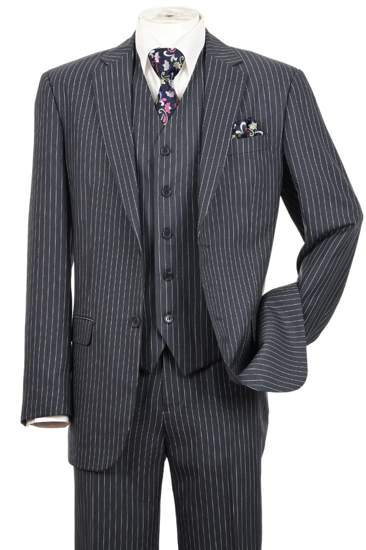 Cheap Priced Suit  - Mens 2 Button Vested Bold Pinstripe Gangster Grey Suit - 38 Short Jacket+32 Waist Adjustable 28to34)(Height: 5 4 to5 7 )(Neck  15-16.5)S-M)