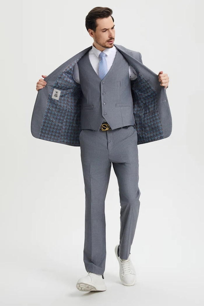 Cheap Priced Suit - Men's Two Button Vested Stacy Adams Basic Designer Sharkskin Grey Suit