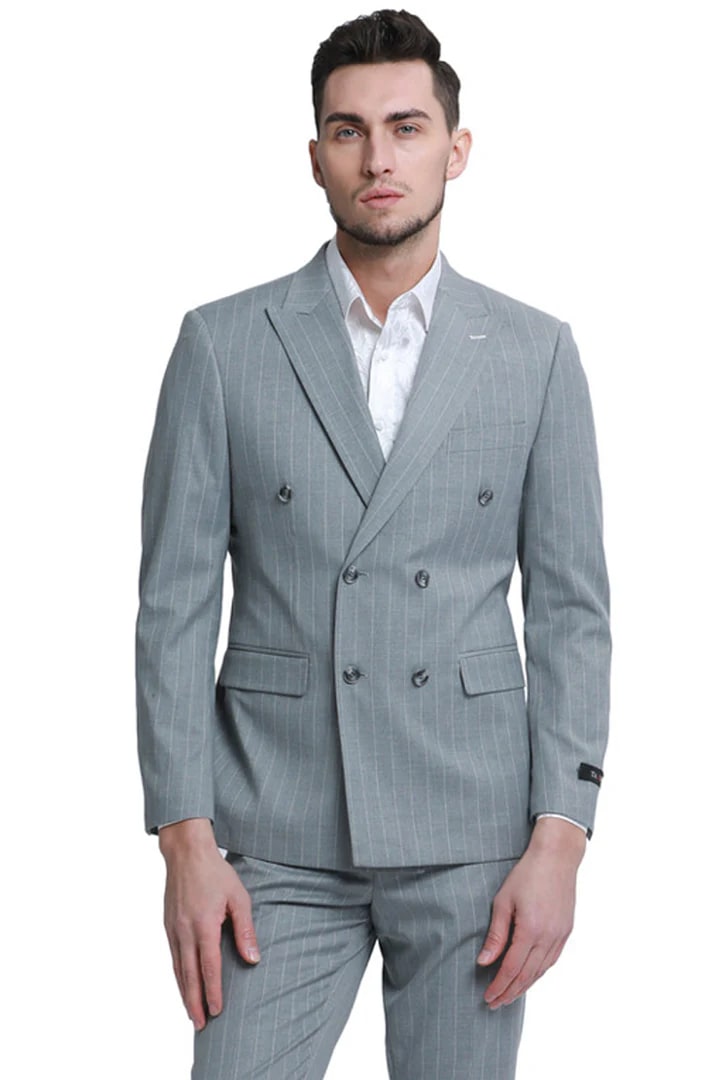 Cheap priced Suit  - Men's Slim Fit Double Breasted Bold Gangster Pinstripe Grey Suit - 38 Short Jacket+32 Waist Adjustable 28to34)(Height: 5 4 to5 7 )(Neck  15-16.5)S-M)
