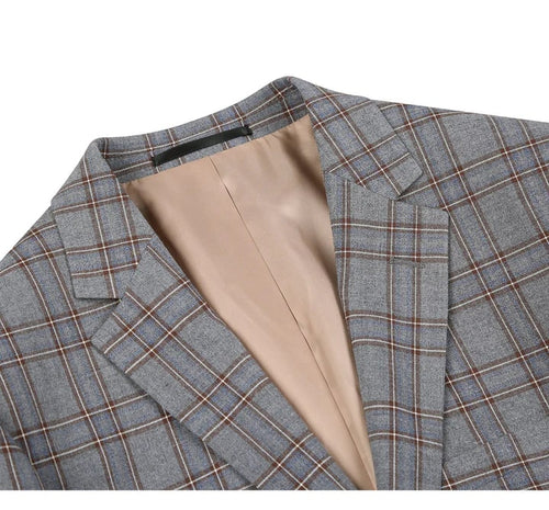 Cheap Priced Suit - Mens Two Button Slim Fit Two Piece Suit In Grey & Bronze Windowpane Plaid Check