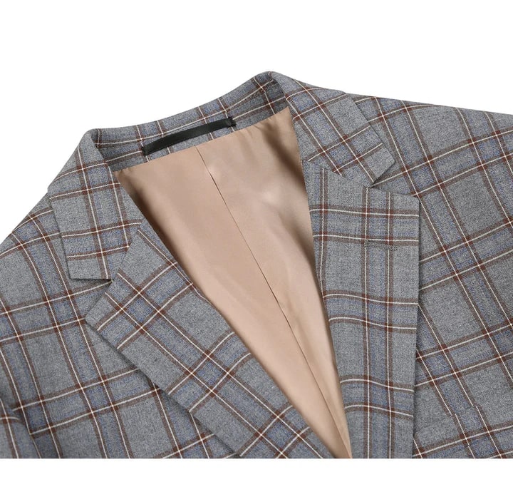 Cheap Priced Suit - Mens Two Button Slim Fit Two Piece Suit In Grey & Bronze Windowpane Plaid Check - 38 Short Jacket+32 Waist Adjustable 28to34)(Height: 5 4 to5 7 )(Neck  15-16.5)S-M)