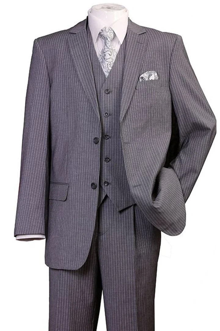 Cheap Priced Suit  - Mens 2 Button Vested 1920's Bold Gangster Pinstripe Grey Suit - 38 Short Jacket+32 Waist Adjustable 28to34)(Height: 5 4 to5 7 )(Neck  15-16.5)S-M)