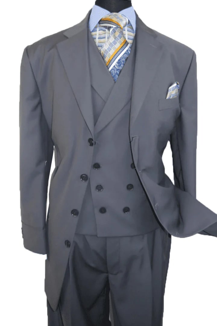 Cheap Priced Suit  - Mens 4 Button Fashion Grey Suit With Double Breasted Vest - 38 Short Jacket+32 Waist Adjustable 28to34)(Height: 5 4 to5 7 )(Neck  15-16.5)S-M)
