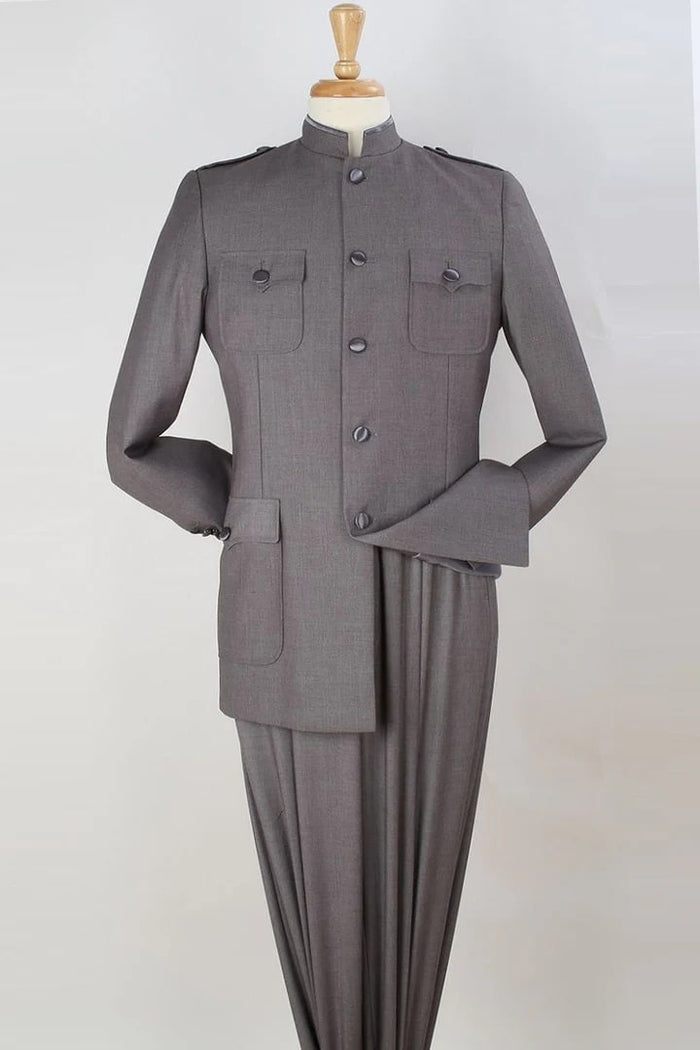Cheap Priced Suit - Mens Five Button Military Insired Mandarin Banded Safari Grey Suit