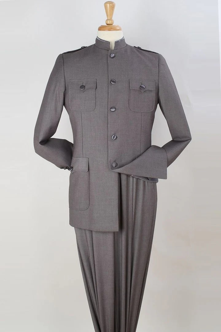 Cheap Suit - Mens Five Button Military Insired Mandarin Banded Safari Grey Suit