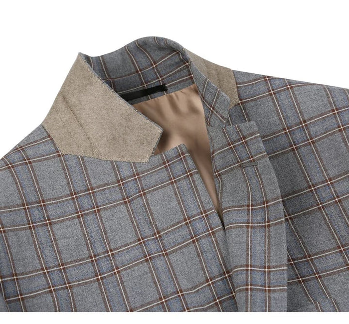 Cheap Priced Suit - Mens Two Button Slim Fit Two Piece Suit In Grey & Bronze Windowpane Plaid Check