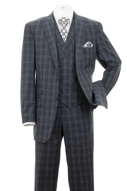 Cheap Priced Suit- Mens 2 Button Double Breasted Vest Suit In Grey Windopane Plaid